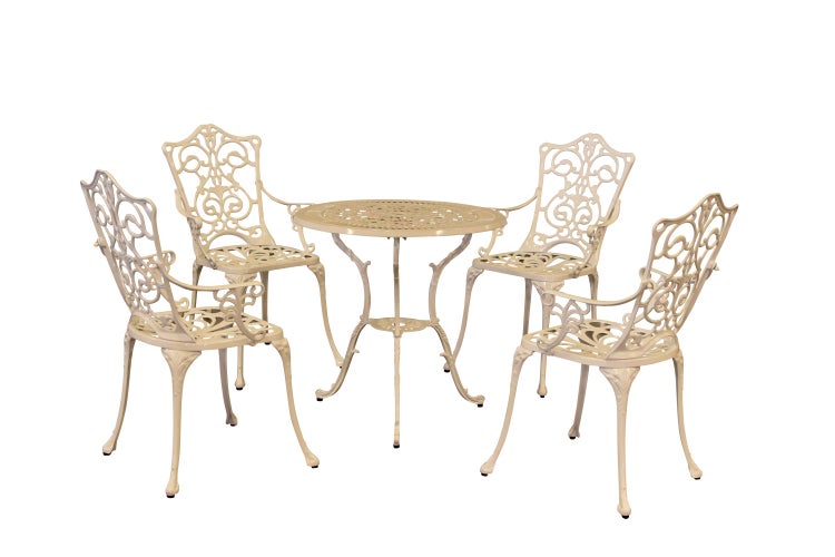 Gartentischgruppe mit vier Stühlen und einem runden Tisch für den Außenbereich