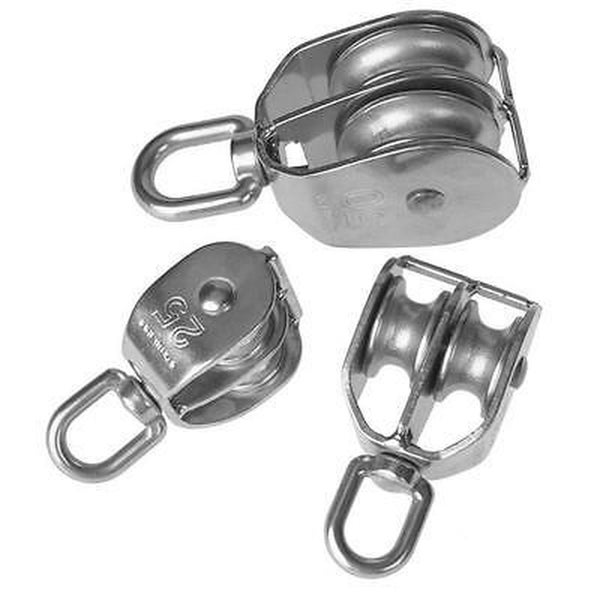 Set aus Edelstahl Seilrollen mit Wirbelhaken in verschiedenen Ausführungen für Hebeanwendungen.