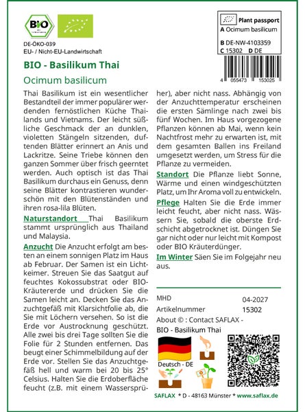 SAFLAX Geschenk Set - BIO - Basilikum Thai - Ocimum basilicum - 250 Samen - Mit Geschenkbox, Versandaufkleber, Geschenkkarte und Anzuchtsubstrat