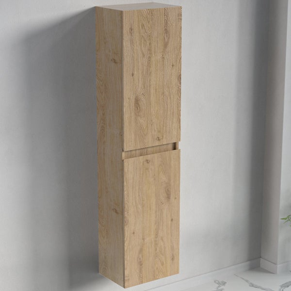 Wandhängender Badezimmer-Hochschrank in Eichenoptik mit zwei Türen und grifflosem Design.