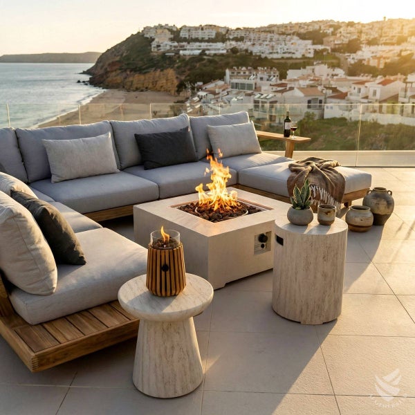 Moderne Dachterrasse mit L-förmiger Gartenlounge aus Holz und grauen Polstern, quadratischer Feuerstelle, Beistelltischen aus Stein und Meerblick.