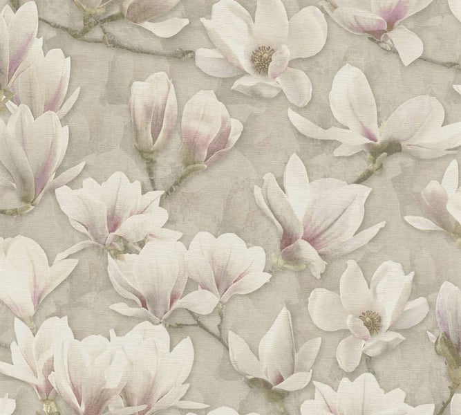 Vliestapete mit floralem Magnolienmuster auf strukturiertem Untergrund für eine natürliche Raumgestaltung.