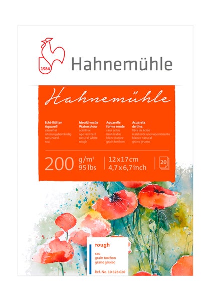 Hahnemühle Echt-Bütten Aquarellblock, 200 Gramm pro Quadratmeter, 12 mal 17 Zentimeter, 20 Blatt, säurefrei, alterungsbeständig, naturweiß, rau.