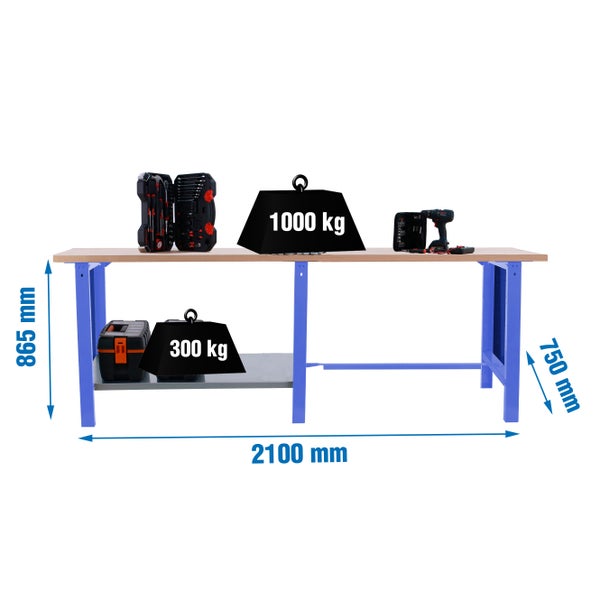 Werkbank BUFFALO WOOD | HxBxT 86,5x210x75cm | Traglast 1000kg | Blau