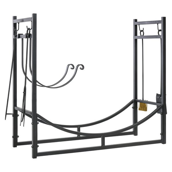 Outsunny Kaminholzregal, mit 4 Haken, 2 Schichten, 84 x 33 x 76 cm, Metall, Schwarz