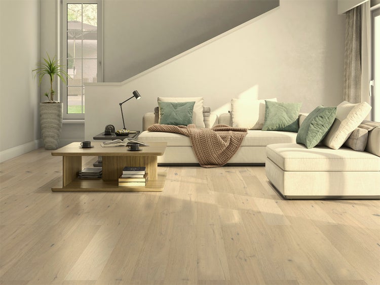 Moderner, heller Wohnbereich mit hellem Parkettboden, Sofa mit Kissen, Couchtisch aus Holz und Zimmerpflanze.
