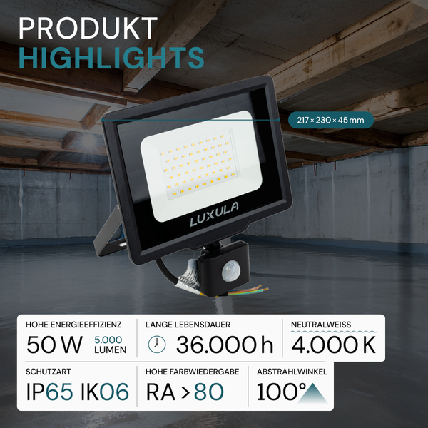 LUXULA LED Außenstrahler mit Bewegungsmelder 50W Strahler 4000K Neutralweiß 5000lm Fluter Schwarz IP65