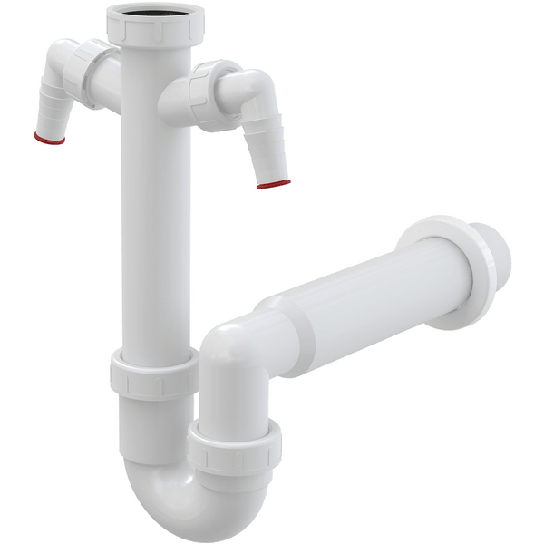 Kunststoff Siphon mit zwei Geräteanschlüssen für Waschbecken und Spüle.
