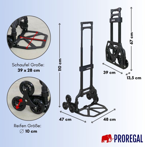 PROREGAL Klappbare Treppensackkarre ELEPHANT HxBxT 110x45x48cm Traglast 70kg Aluminiumrahmen ergonomische Griffe TRR Fachgummiräder Schwarz Treppensteiger Sackkarre