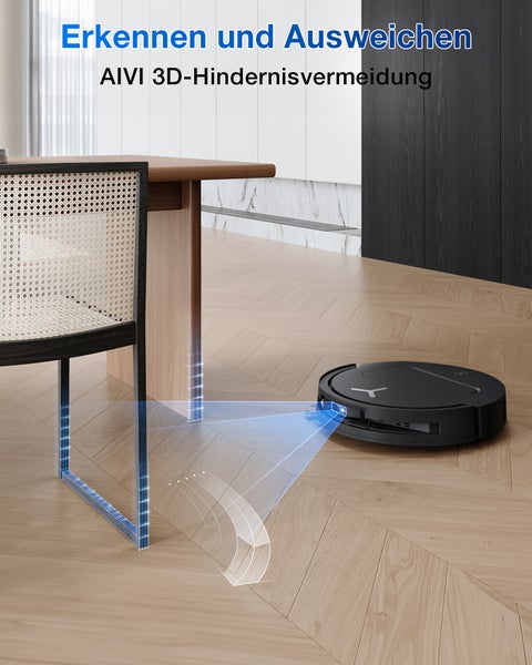 Saugroboter mit Hindernisvermeidung unter einem Tisch auf einem Holzboden