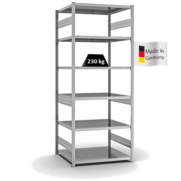 PROREGAL Fachbodenregal Stecksystem T-Profil Medium-Duty Grundregal HxBxT 250 x 100 x 80 cm 6 Ebenen Fachlast 230 kg Beidseitig Nutzbar Verzinkt