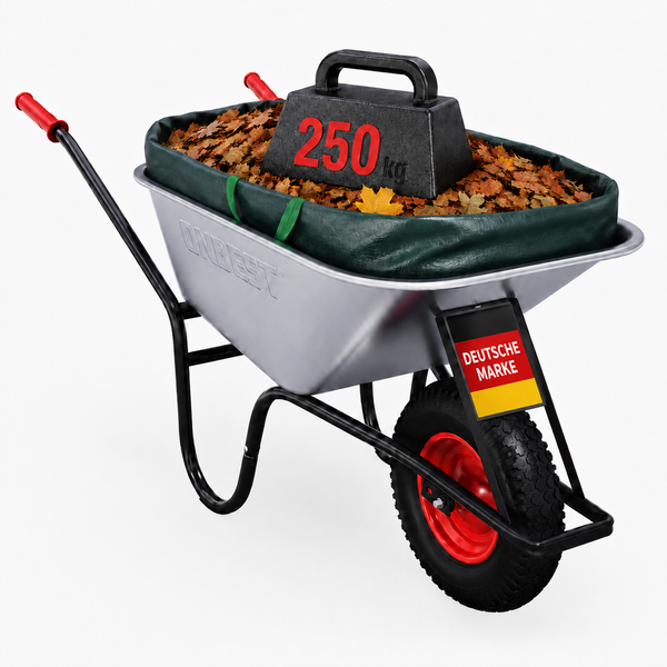 Metallschubkarre mit ONBEST Logo, Gartenabfallsack, einem Gewicht von 250 Kilogramm und dem Siegel Deutsche Marke.