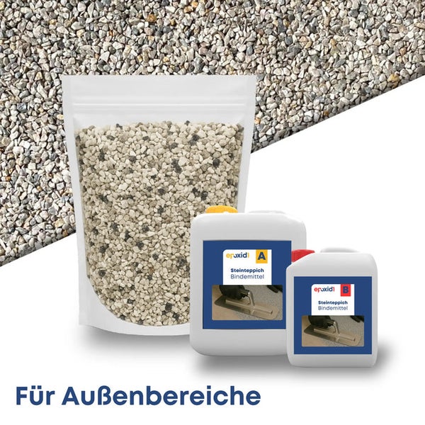 Steinteppich-Set für den Außenbereich mit Natursteinkies im Beutel und zwei Kanistern Epoxidharz-Bindemittel.