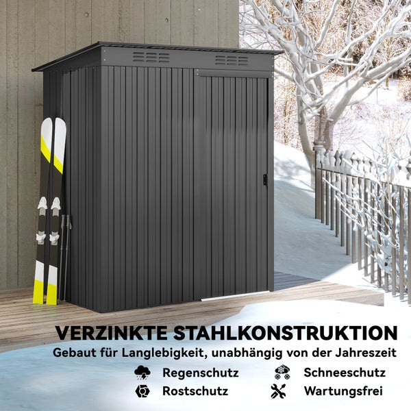 Wartungsfreies Gerätehaus aus verzinktem Stahl mit Schutz gegen Regen, Schnee und Rost in winterlicher Umgebung.