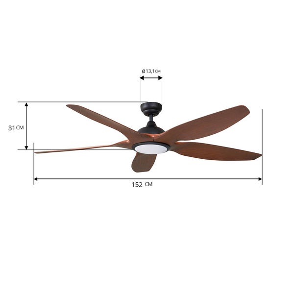 Deckenventilator mit Holzoptik-Flügeln, Durchmesser 152 Zentimeter, Höhe 31 Zentimeter, Baldachin-Durchmesser 13,1 Zentimeter.