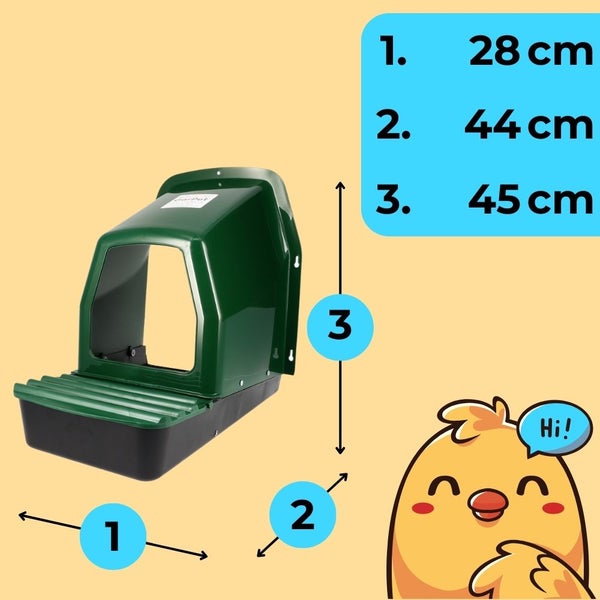 Abmessungen eines Hühnernests: 28 cm breit, 44 cm tief und 45 cm hoch