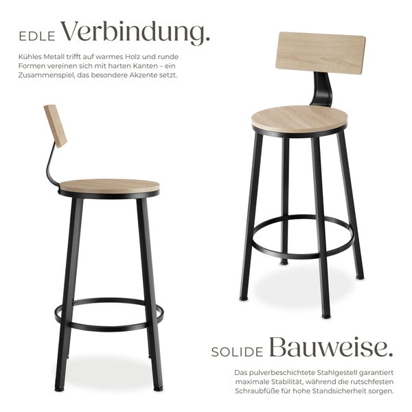 Moderner Barhocker mit runder Holzsitzfläche, hölzerner Rückenlehne und schwarzem Metallgestell mit Fußring.