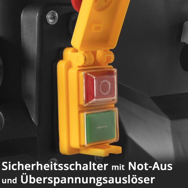 Sicherheitsschalter mit Not-Aus-Funktion, Überspannungsauslöser und einem gelben Klappdeckel über den Schaltern.