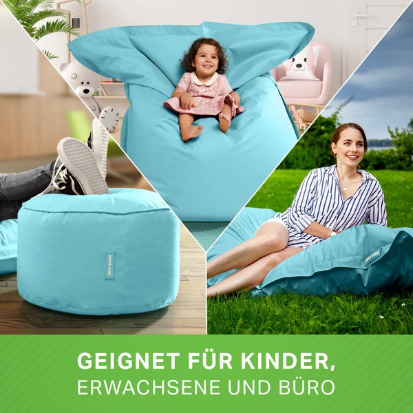 Green Bean 2er Set XXL Sitzsack inkl. Pouf fertig befüllt mit EPS-Perlen - Riesensitzsack 140x180 Lounge Sitz-Kissen Bean-Bag Chair  - Aquamarin