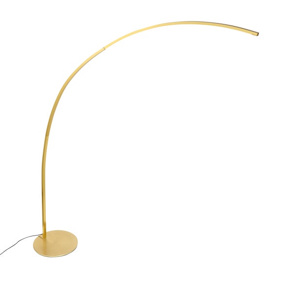 Moderne LED-Bogenlampe aus Metall in Gold mit rundem Standfuß.