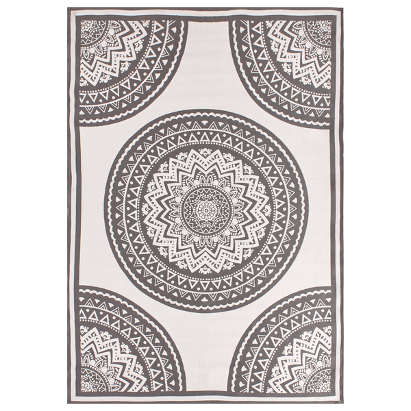 Rechteckiger Teppich mit großem Mandala-Muster und Ornamenten.