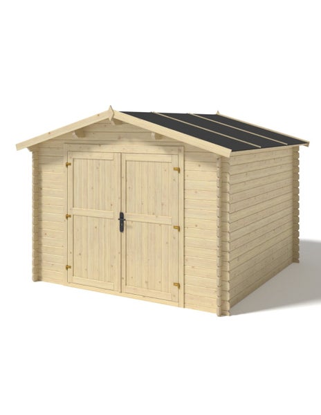 Gartenhaus aus Holz mit Satteldach und Doppeltür im Garten auf Steinplatten aufgestellt