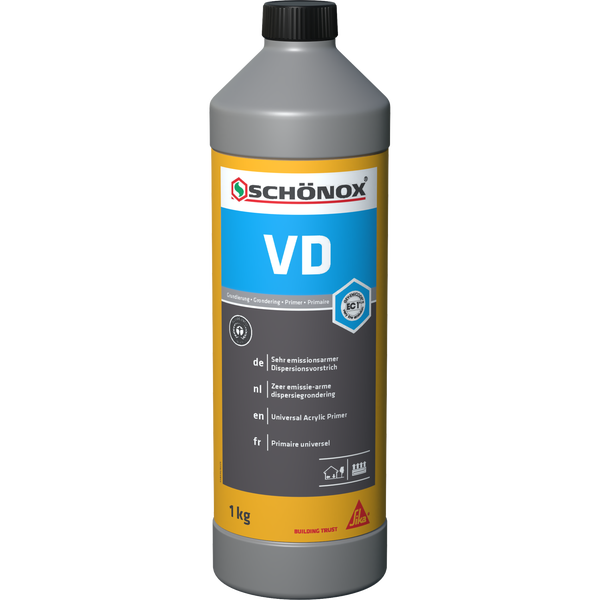 Schönox VD Grundierung, sehr emissionsarmer Dispersionsvorstrich, 1 Kilogramm Flasche, sehr emissionsarm zertifiziert.