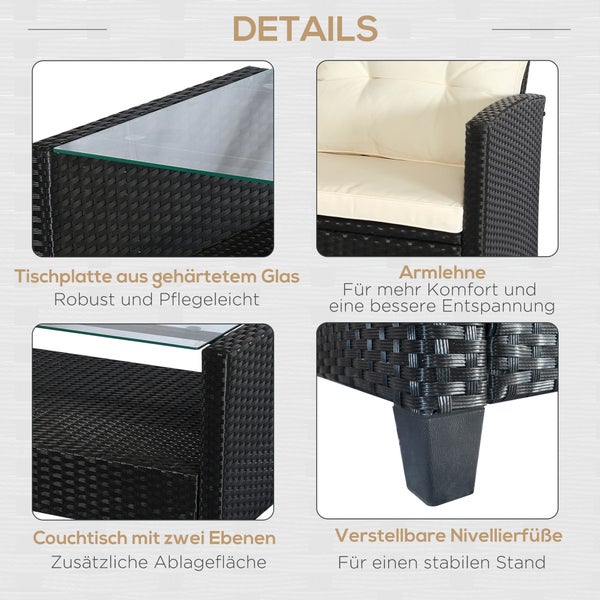 Outsunny Polyrattan Sitzgarnitur 4 tlg. Sitzgruppe Gartenset Sofagarnitur Gartenmöbel Set Lounge Metall Luxus Schwarz