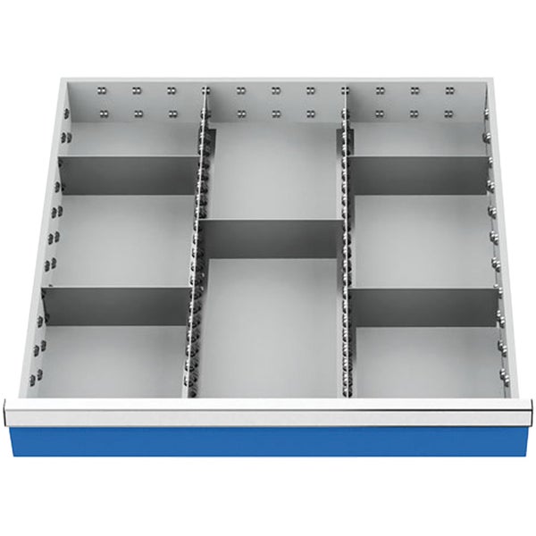 Schubladeneinteilung aus Metall mit blauem Boden und verstellbaren Trennwänden für Werkstattschränke.