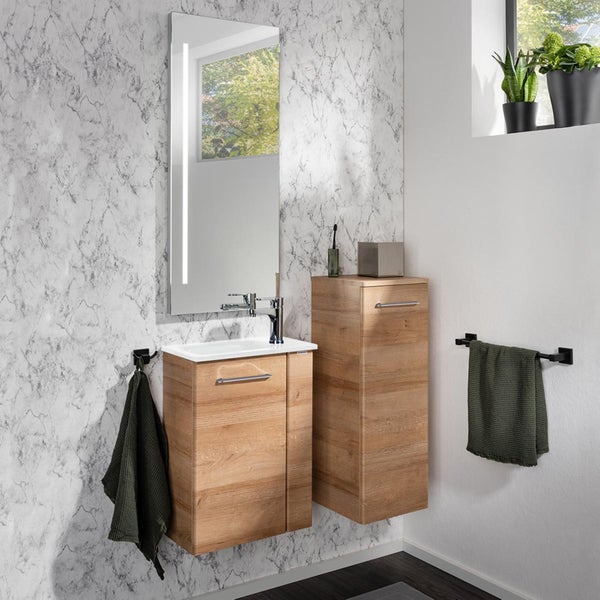 Fackelmann MILANO Gäste-WC Set 2 Teile – Waschtischunterschrank in Holz Braun mit Waschbecken aus Glas in Weiß – SBC Waschbeckenunterschrank schmal – Türanschlag links – 45 cm breit
