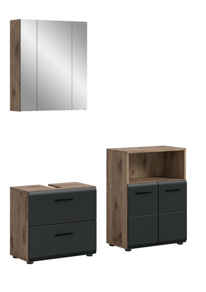Mehrzweckschrank in Eichenoptik mit hellgrauen Fronten und Maßangaben. Höhe 141 Zentimeter, Breite 74 Zentimeter, Tiefe 31 Zentimeter.