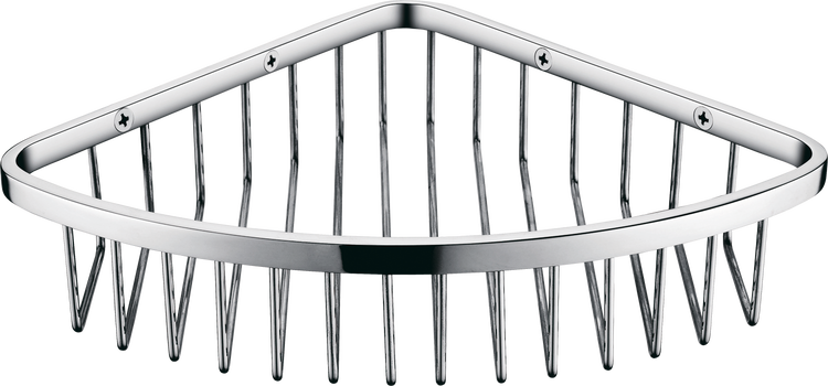Eckiger Duschkorb aus verchromtem Metall mit vertikalen Stäben zur Wandmontage.