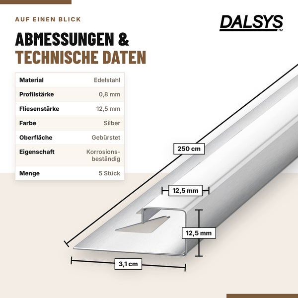 Dalsys Edelstahl Fliesenprofil in U-Form mit Maßangaben für Fliesenstärke von 12,5 Millimeter, Länge 250 Zentimeter, 5 Stück.