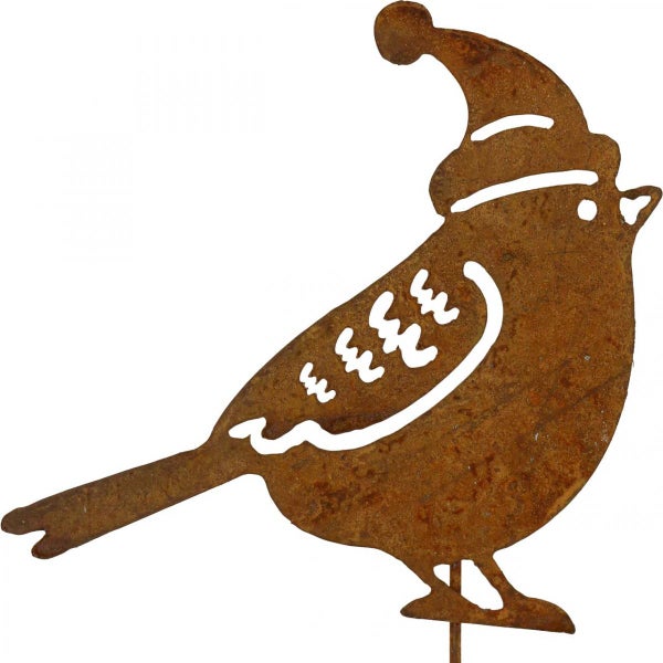 Gartendekoration Vogel aus Metall mit Weihnachtsmütze