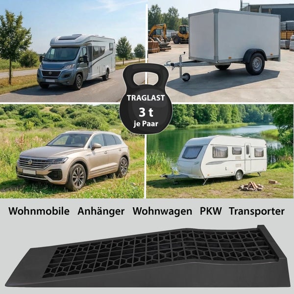 Auffahrkeil für Wohnmobile, Anhänger, Wohnwagen, Personenkraftwagen und Transporter mit einer Traglast von 3 Tonnen je Paar.