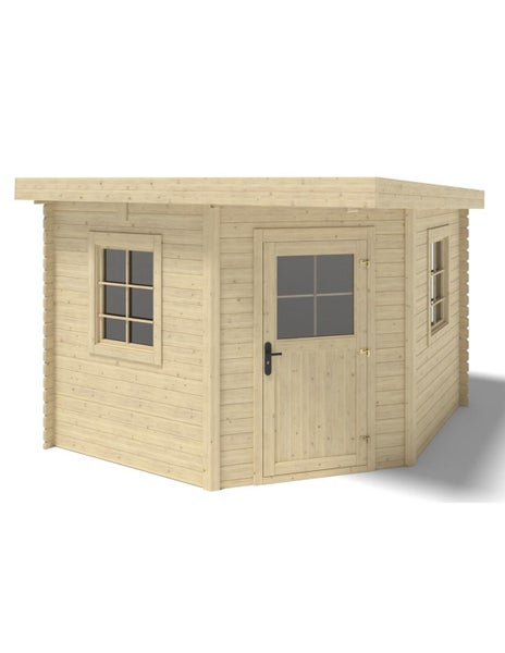 Gartenhaus aus Holz mit Flachdach, einer Eingangstür und zwei Fenstern, Blockbohlenbauweise.