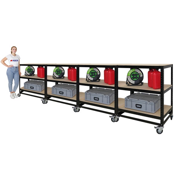 PROREGAL Mega Deal 4x Kommissionierwagen BÜFFEL Fahrbares Kommissionierregal 100x90x50cm 3 Ebenen Fachlast 50kg 2X Lenkrollen & 2X Lenkrollen mit Feststellbremse Schwarz