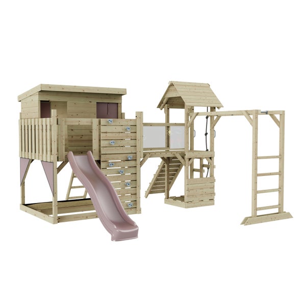Spielanlage aus Holz mit Rutsche, Kletterwand und Schaukelgerüst für den Garten