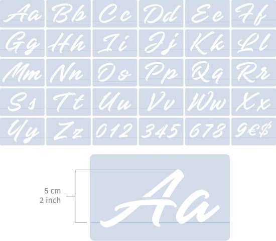 QBIX Dekoratives Buchstabenvorlagen-Set – 30 Alphabetschablonen - Schrifthöhe 5cm - Buchstaben- und Zahlenvorlagen