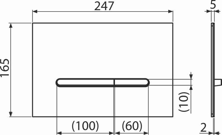 Maßzeichnung einer Betätigungsplatte für Toiletten mit den Maßen 247 Millimeter Breite und 165 Millimeter Höhe.