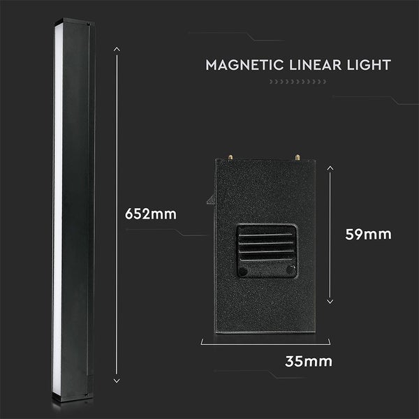 Magnetische lineare Leuchte mit den Maßen 652 mm Länge, 59 mm Höhe und 35 mm Breite.