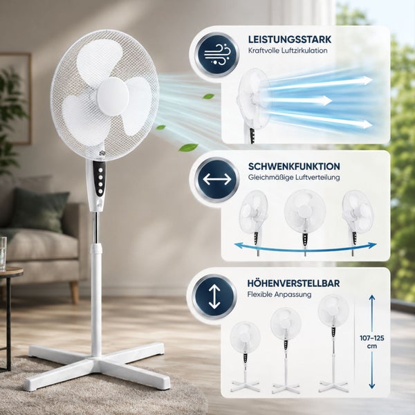 Weißer Standventilator im modernen Wohnzimmer mit Schwenkfunktion, Höhenverstellung von 107 bis 125 Zentimeter und kraftvoller Luftzirkulation.