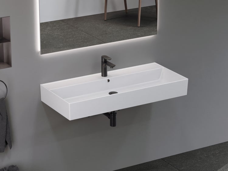 Aqua Bagno Basic Plan Waschbecken 10.16.30.07.02 – 100 x 45 cm – Weiß Hochglanz – Keramikbecken mit Hahnloch & Überlauf
