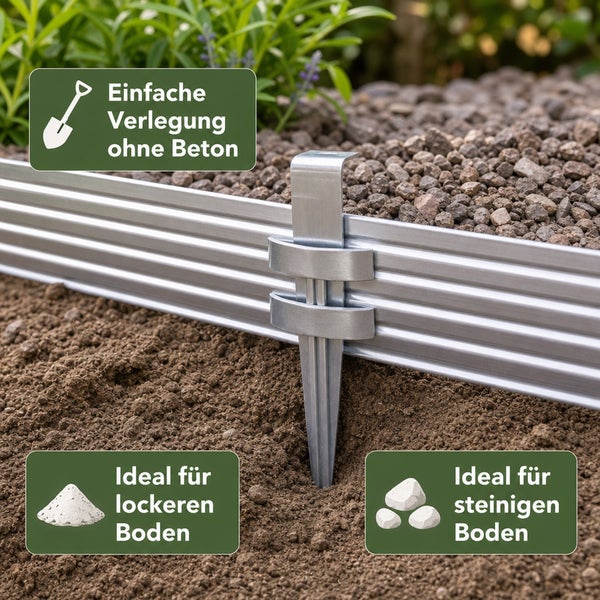 Metall Rasenkante mit Erdanker zur einfachen Verlegung ohne Beton im Garten geeignet für lockeren und steinigen Boden.