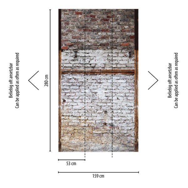 Abmessungen einer Fototapete mit Mauerwerk-Motiv: 280 cm hoch und 159 cm breit