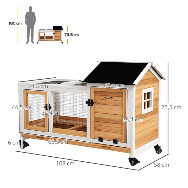 PawHut Zwergkaninchenstall aus Holz, 108 x 58 x 73,5 cm Kleintierstall mit Freilaufgehege, Rädern, Klappdach, Zwergkaninchenkäfig mit Ausziehbarem Tablett für Indoor, Outdoor, Gelb