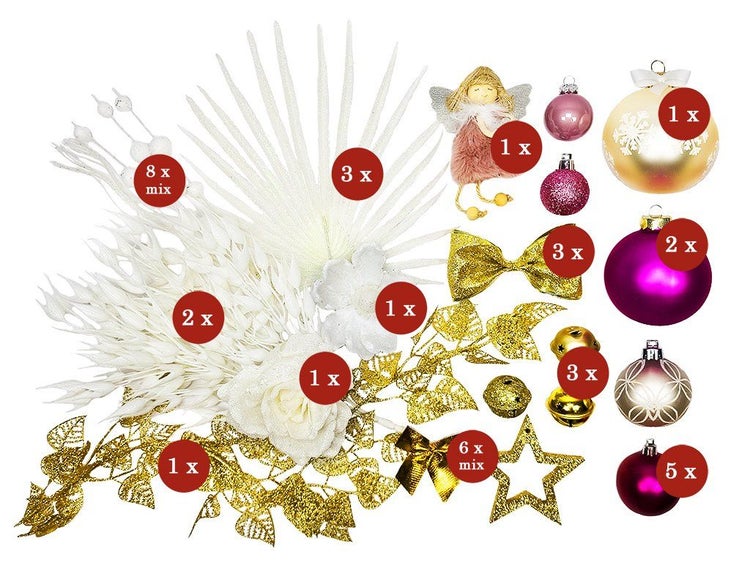 Weihnachtsbaumschmuck Set mit Christbaumkugeln, Kunstblumen, Sternen und Engelfigur zur Dekoration für den Tannenbaum.