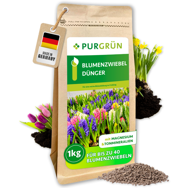 Purgrün Blumenzwiebel Dünger, ein Kilogramm. Ein lächelnder Gärtner mit Strohhut neben dem Produkt mit Tonmineralien für bessere Bodenqualität.