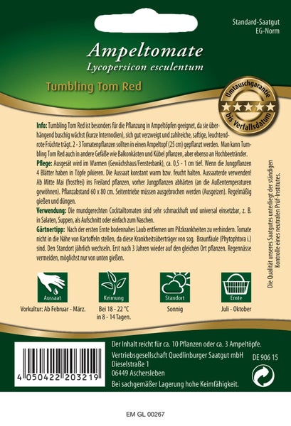 Rückseite der Saatgutpackung für Ampeltomate Tumbling Tom Red mit Informationen zu Aussaat, Keimung, Standort, Ernte und Pflegehinweisen.