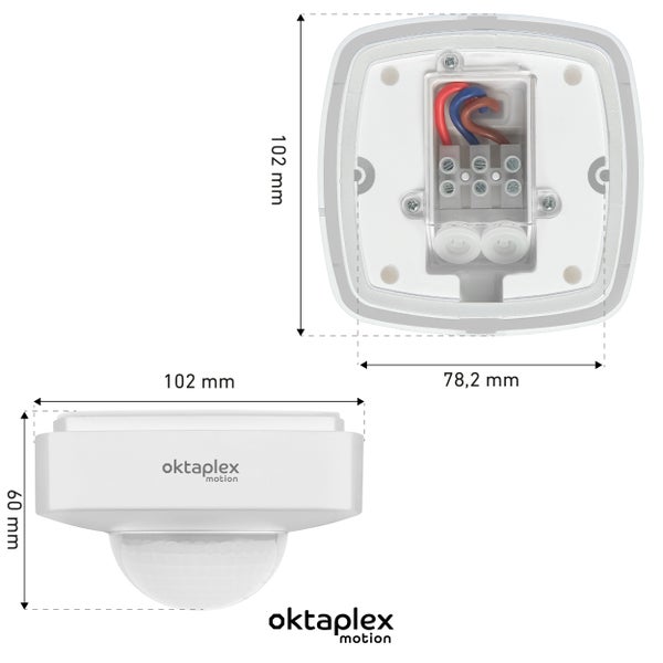 Bewegungsmelder oktaplex motion mit Maßangaben 102 Millimeter, 60 Millimeter und 78,2 Millimeter.
